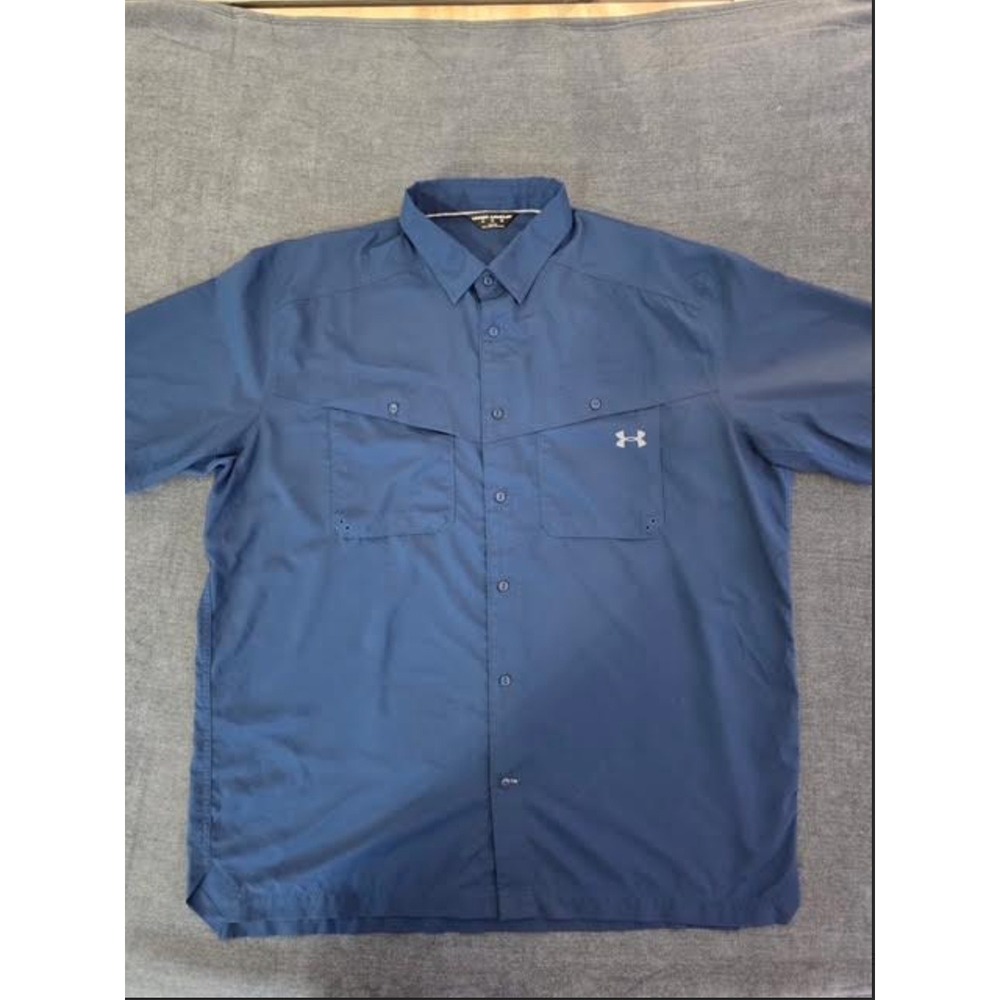 Under Armour Mens Short Sleeve Fishing Shirt Blue 2XL Button Up Pockets